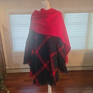 VTG 100% Wool Hand Made In Ireland Plaid Tartan Hand Knit Open Cape Red